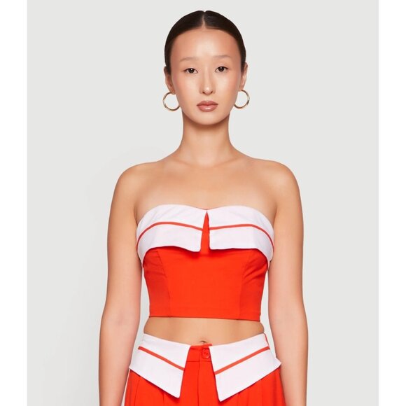 NWT Julia By Love J Red White Contrast Trim Fold Over Crop Top Women's Size L - Picture 1 of 4